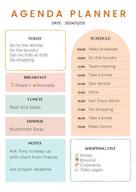 Agenda planner template with meals and schedule