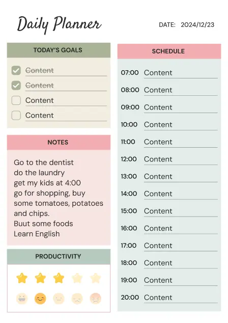 Daily planner template with goals, notes and an hourly schedule
