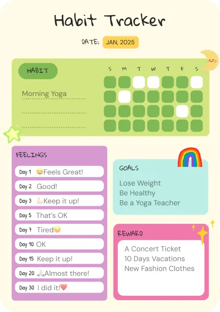 Habit tracker template with a monthly grid and goals