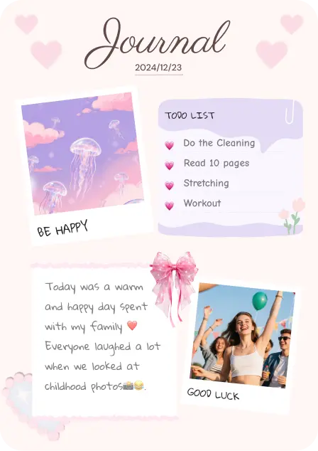Journal template with photos, a to-do list and a diary entry