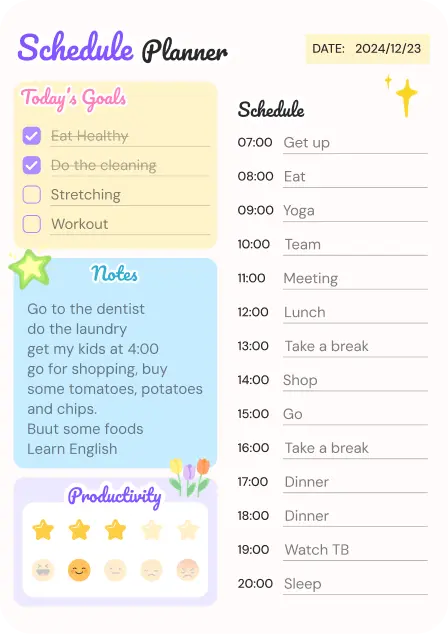 Schedule planner template with goals and an hourly plan